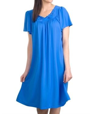 Shadowline Lingerie Short Gown With Flower Petal Embroidery And Flutter Sleeves - Blue