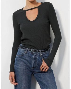 Bobi Front Keyhole Ribbed Knit Tee - Black