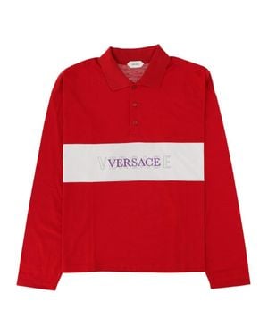 Versace Contrasting Stripe Long-Sleeve Cotton Polo Shirt - Red