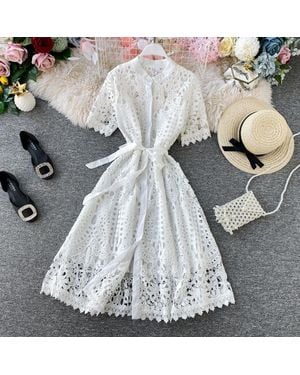 TRUEDAMES Hollow-Out Elegant Mandarin Collar Dress Long Sleeve Lace Midi, Short Sleeve Button-Front Tie-Waist Gown - Gray