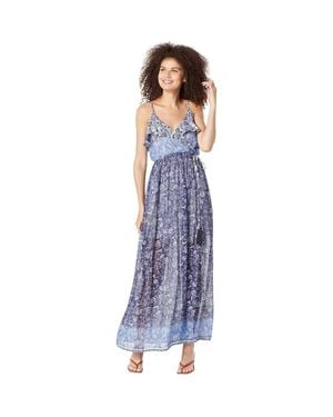 Miss Me Maxi Dress Bright Floral Ruffle Slit Tie Waist Jzz299 - Blue
