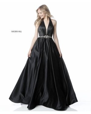 Sherri Hill Beaded Waist Halter Ball Gown - Black