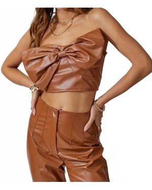 Day + Moon Faux Leather Strapless Bow Tie Crop Top - Brown