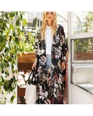 Walter Baker Tulum Sheer Floral Print Kimono Longline Duster - Black