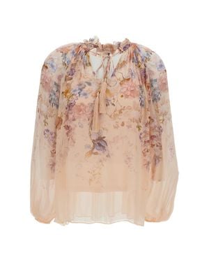 Zimmermann Floral Floral Valiant Billow Silk Slip-Set Blouse - Natural