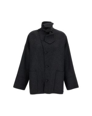 Plan C Double-Faced Mélange Wool Jacket With Loop Scarf Detail - Black