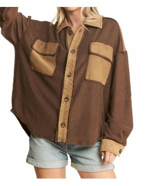 Jade By Jane Mineral Wash Collared Button Down Oversized Jacket - Brown