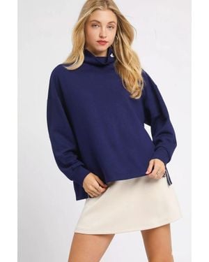 TRUEDAMES Turtle Neck Dolman Sleeve Side Slit Sweater With Contrast Detail - Blue