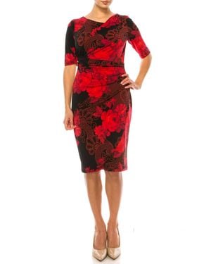 Connected Apparel Floral 3/4 Sleeve Sheath Dress - Red