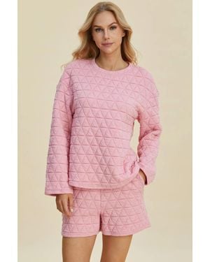 TRUEDAMES Full Size Texture Round Neck Long Sleeve Top And Shorts Set - Pink
