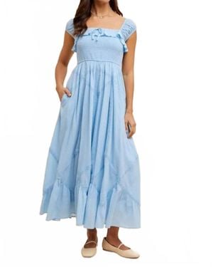 In-Loom Smocked Maxi Dress With Lace Trim - Blue
