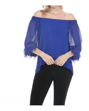 Joseph Ribkoff Off-Shoulder Fringe Trim Top - Blue