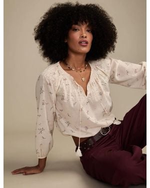Lucky Brand Embroidered Smocked Peasant Top - Brown