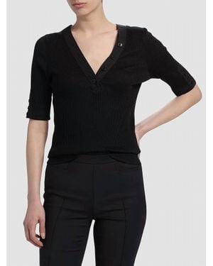 10 Crosby Derek Lam Adrian V-Neck Short Sleeve Ribbed Tee With Button Placket - Black