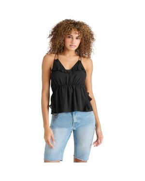 Steve Madden Mina Blouse Top Ruffle Trim V-Neck Sleeveless Pall446 - Black
