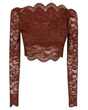 Rabanne Lace Top With Scalloped Edges And Boat Neck Design - Brown