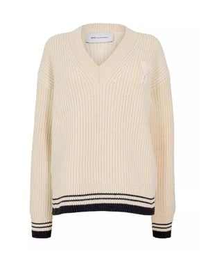 Ami Paris Ribbed V-Neck Knit Sweater With Logo Detailing - Natural