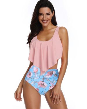 TRUEDAMES Floral Printed Ruffles Ruffle High Waist Swimsuit - White