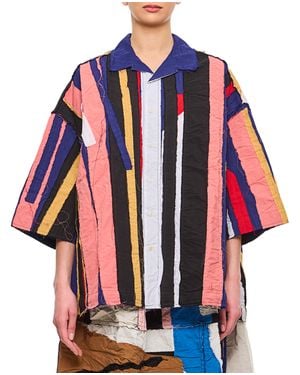 Casey Casey Raw Cut Striped Patchwork Shirt With Classic Collar - Red