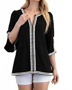 Gigio 3/4 Sleeve Linen Tunic With Embroidered Details - Black