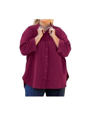 On The Plus Side 3/4 Sleeve Crinkle Cotton Long Sleeve Button Up - Purple