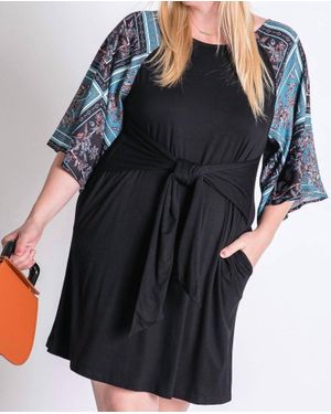Davi & Dani Boho Contrast Tie Front Dress - Black