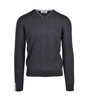 Alpha Studio V-Neck Wool Sweater With Ribbed Details - Blue