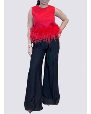 Jessie Liu Cotton Blended Sleeveless Top With Ostrich Feather Trim - Blue
