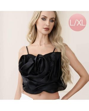 TRUEDAMES Organza Floral Statement Crop Camisole Top - Black