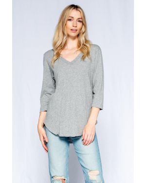 Wilt 3/4 Sleeve V-Neck Shirttail T W/ Raw Hem Top - Gray