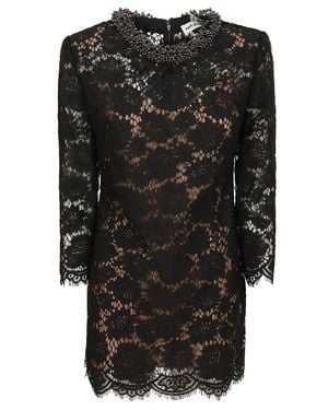 Self-Portrait Floral Lace Mini Dress With Beaded Neckline - Black