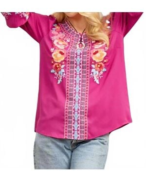 Savanna Jane Split Neck Bell Sleeve Embroidered Top - Pink