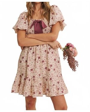 In February Autumn Garden Bow Smocked Mini Dress - Brown