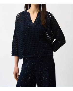 Joseph Ribkoff Sequined Open Knit V-Neck Boxy Sweater Top - Blue
