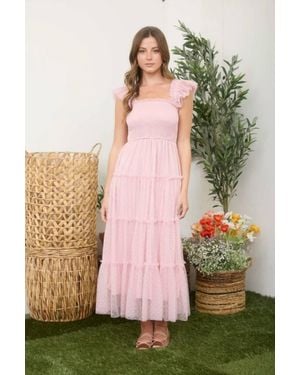 Blu Pepper Polka Dot Chiffon Smocked Tiered Midi Dress - Pink