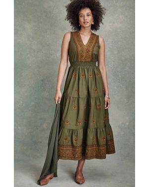 J.Jill Pure Jill Embroidered Smocked-Waist Tiered Dress - Green