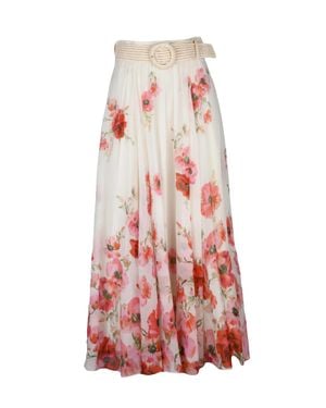 Zimmermann Gauzed Midi Skirt With Raffia Belt And Floral Print - White