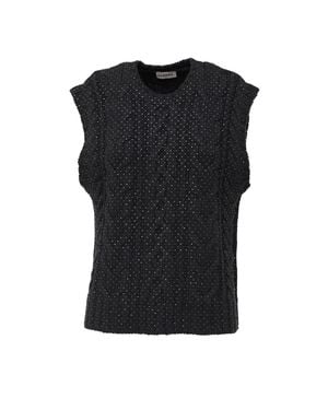 P.A.R.O.S.H. Rhinestone Cable-Knit Sleeveless Tank Top - Black