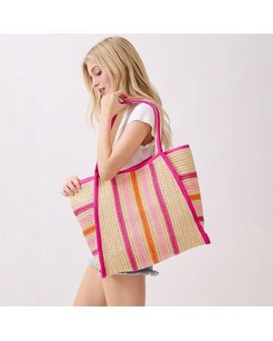 Fashnzfab Multi Color Stripes Natural Straw Tote Bag - Pink
