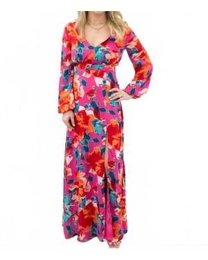 Ark & Co. Floral V-Neck Maxi Long Sleeve Dress - Red