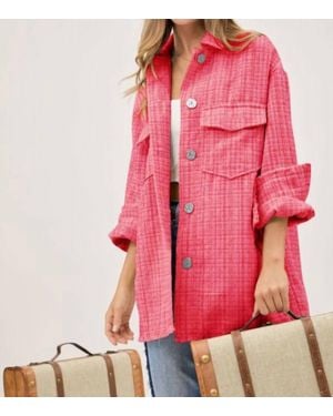Davi & Dani Collared Overshirt With Front Pockets & Raw Edge - Pink