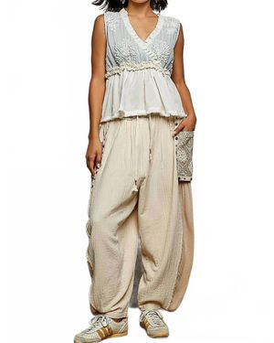 Pol V-Neck Ruffle Embroidery Sleeveless Woven Top - Natural