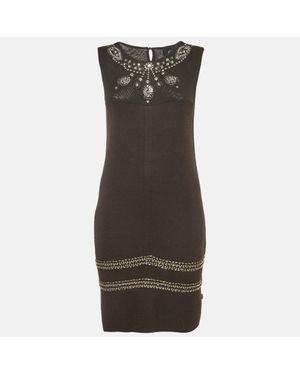 Just Cavalli Charcoal Knit And Mesh Embellished Midi Dress - Brown