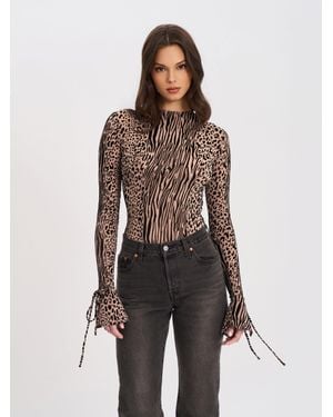 Miss Circle Ibera Animal Print Burnout Velvet Long Sleeve Bodysuit - Brown