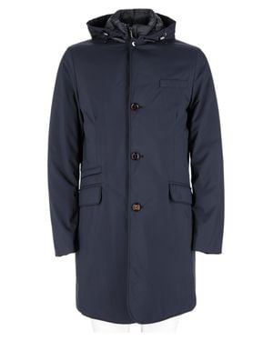 Moorer Mid-Length Structured Coat With Button-Up Front And Hood - Blue