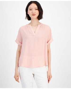 Tahari Top Paradise Short Sleeve Rolled Cuff Split Neck Pullover Fts1227 - Pink