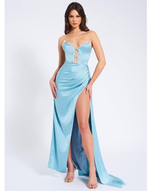 Miss Circle Marilyn Pale Satin Crystal Embellished High Slit Gown - Blue