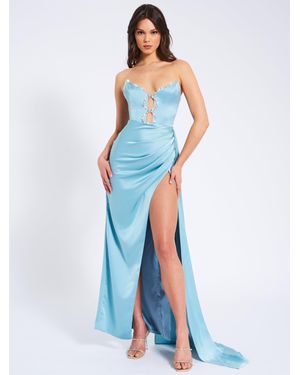 Miss Circle Marilyn Pale Satin Crystal Embellished High Slit Gown - Blue