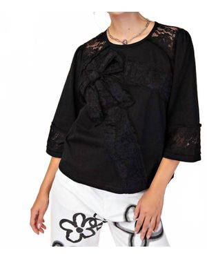 Easel Let's Go Lace Bow Patch Cotton Jersey Top - Black