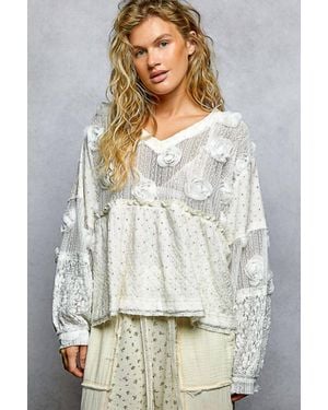 Pol Romantic Vintage Mixed Fabric Top - Gray